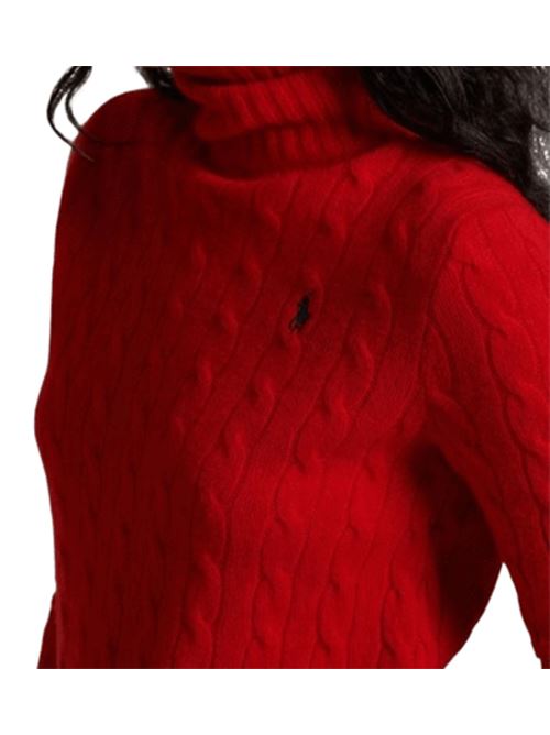 Maglia da donna in lana e cashmere con lavorazione a trecce, collo alto, colore rosso fuoco POLO RALPH LAUREN | 211888686023